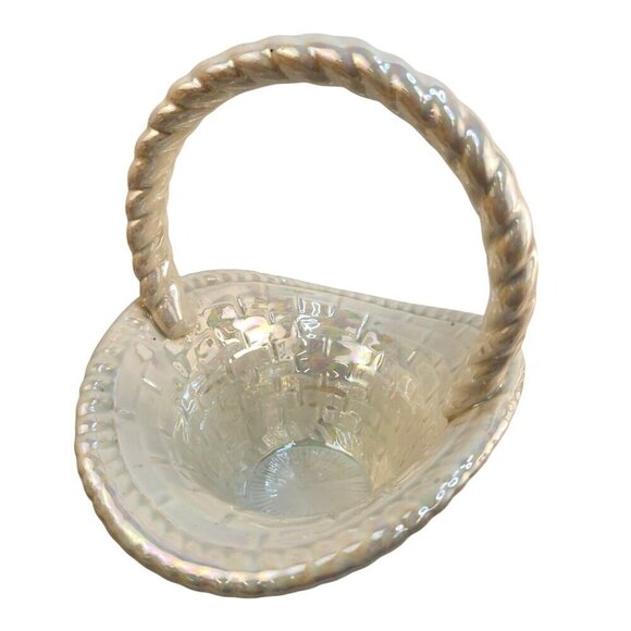 White Iridescent Ceramic Basket With Braided Handle Vintage Handmade - Picture 4 of 10